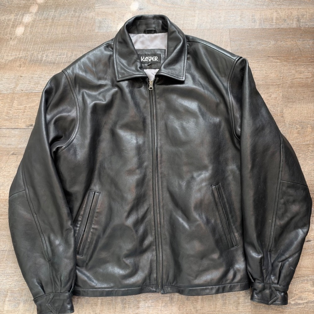 Leather Bomber Biker Jacket Size Large Black Full Zip Point Collar Kasper